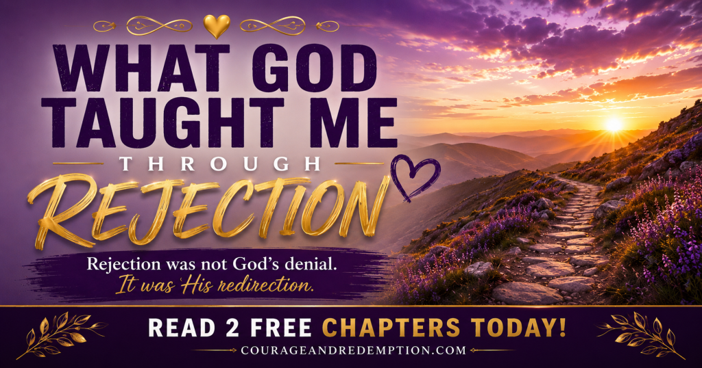 Purple and gold banner reading "What God Taught Me Through Rejection" over a golden sunrise mountain path, illustrating a faith blog post about finding identity in Christ.