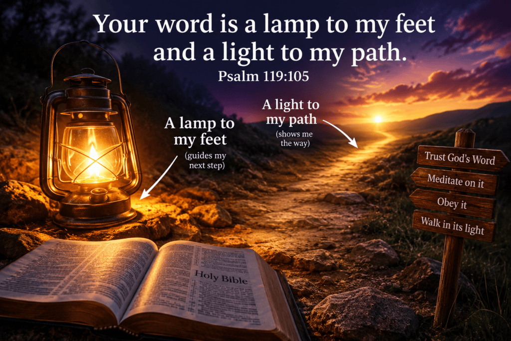 "Your Word is a lamp to my feet and a light to my path - Psalm 119:105 sunset path with lantern and Bible"