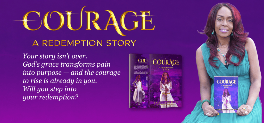Author Lacricia Darling holding her book Courage: A Redemption Story, shown beside the hardcover and paperback editions on a purple background.