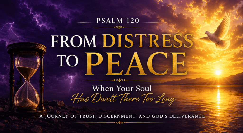 Hourglass and dove over a stormy-to-sunset sky with the text "Psalm 120: From Distress to Peace — When Your Soul Has Dwelt There Too Long," Courage and Redemption